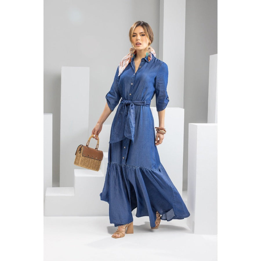 Vestido manga 3/4 en tencel de abotonar