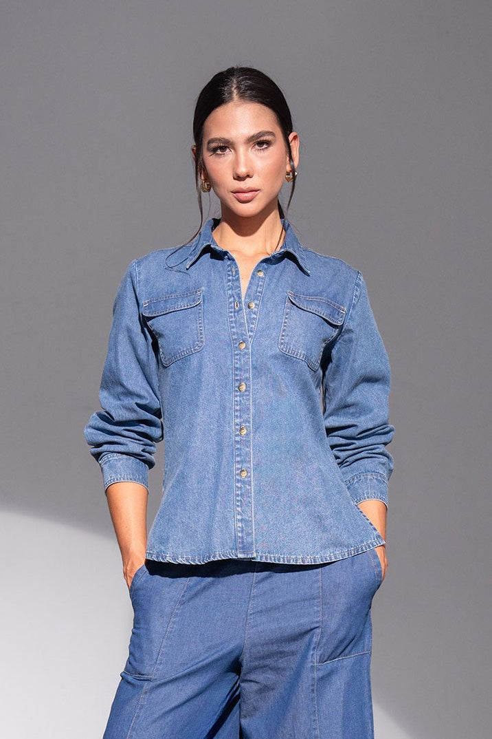 Blusa manga larga con bolsillos