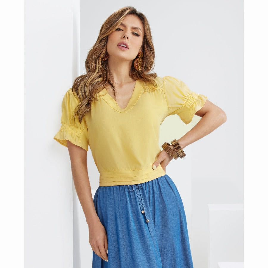 BLUSA M/C CON NIDO DE ABEJA EN FAJON